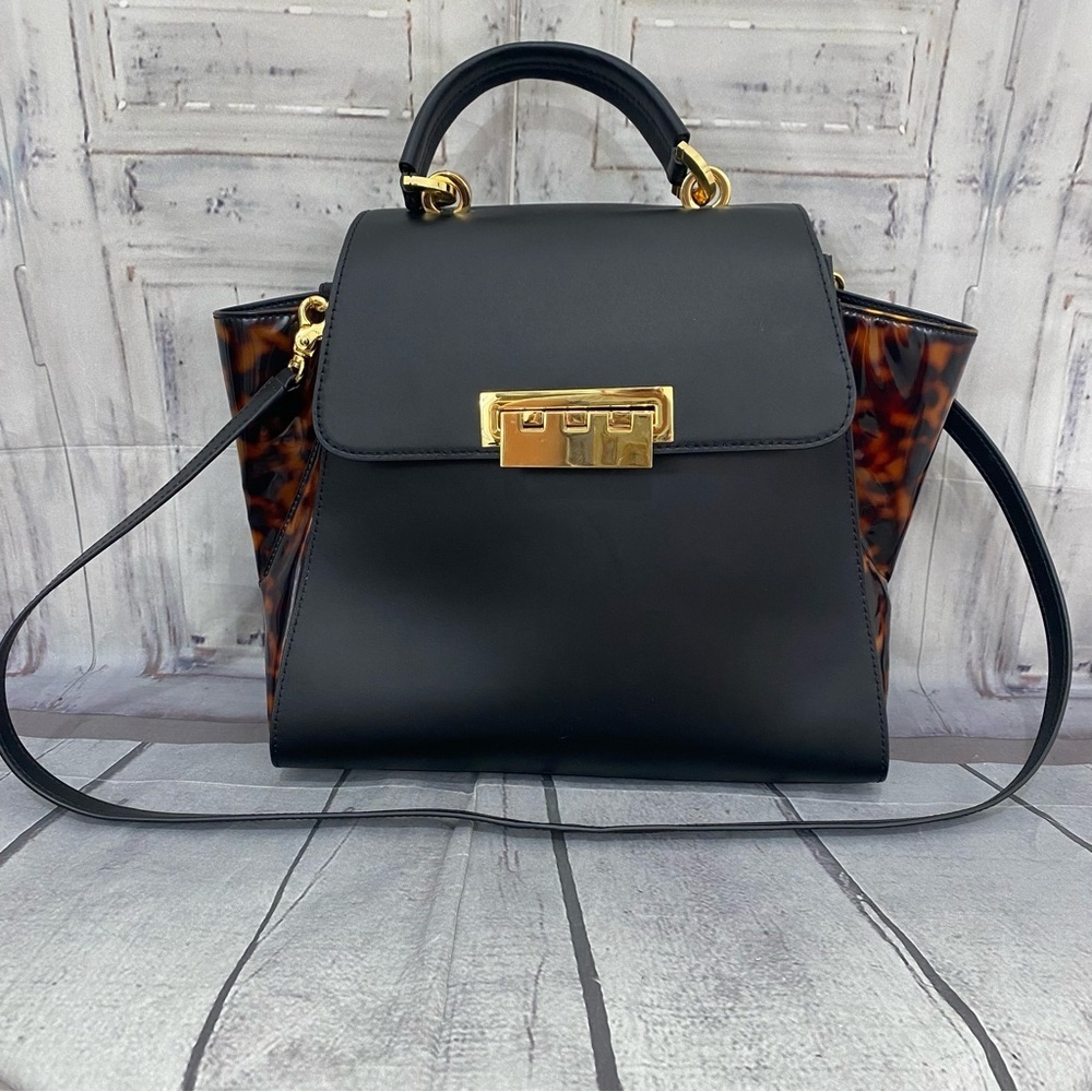 Zac Zac Posen Black Brown Leopard Top Handle Crossbody Attachable Strap Purse  O